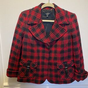 Preppy Holiday Academia Red Black Tartan Wool Blazer Jacket Talbots Womens 8